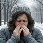 **

A person feeling down in the winter, surrounded by short, gray days. Focus on the visual representation of low mood and the lack of sunlight. Include subtle visual cues suggesting vitamin D deficiency, like fatigue.
**