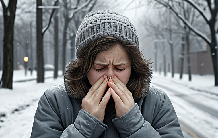 **
A person feeling down in the winter, surrounded by short, gray days. Focus on the visual representation of low mood and the lack of sunlight. Include subtle visual cues suggesting vitamin D deficiency, like fatigue.
**