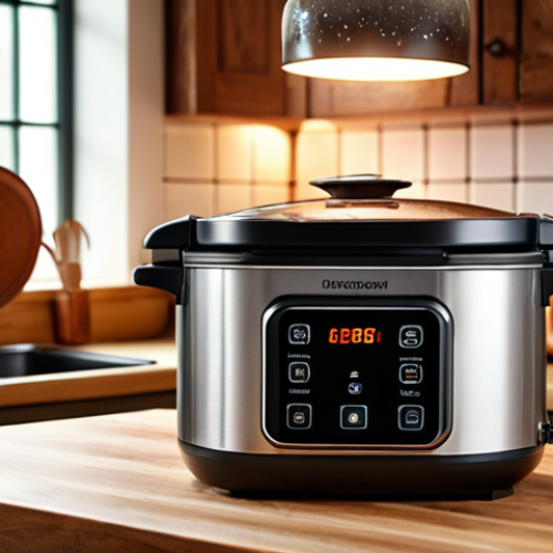 Home 22 **
Prompt: A cozy kitchen scene featuring a multicooker on the counter with steam coming out, suggesting a hearty meal being prepared. Soft, warm lighting, and a happy, relaxed atmosphere. Focus on the convenience and ease of use of the multicooker.
**