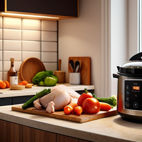 Home 21 **A modern kitchen featuring a multi-cooker on the counter, steam rising from it, with ingredients like vegetables and chicken nearby. Soft, warm lighting to evoke a sense of comfort and ease. Focus on the simplicity and convenience of the appliance. Russian style.**
