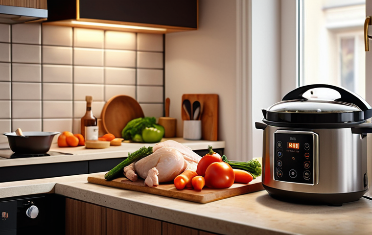 **A modern kitchen featuring a multi-cooker on the counter, steam rising from it, with ingredients like vegetables and chicken nearby. Soft, warm lighting to evoke a sense of comfort and ease. Focus on the simplicity and convenience of the appliance. Russian style.**
