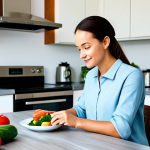 A serene person with a clear, focused expression, fully clothed in comfortable, modest attire, enjoying a healthy meal rich in vibrant vegetables, lean proteins, and fermented foods at a bright kitchen table. A subtle aura of well-being and mental clarity surrounds them. The background is a modern, clean home environment. Safe for work, appropriate content, professional dress, family-friendly, perfect anatomy, correct proportions, natural pose, well-formed hands, proper finger count, natural body proportions, professional photography, high resolution.