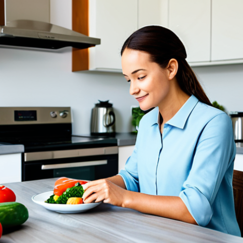 Home 20 A serene person with a clear, focused expression, fully clothed in comfortable, modest attire, enjoying a healthy meal rich in vibrant vegetables, lean proteins, and fermented foods at a bright kitchen table. A subtle aura of well-being and mental clarity surrounds them. The background is a modern, clean home environment. Safe for work, appropriate content, professional dress, family-friendly, perfect anatomy, correct proportions, natural pose, well-formed hands, proper finger count, natural body proportions, professional photography, high resolution.