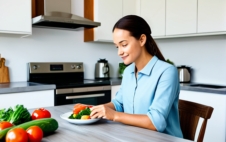 A serene person with a clear, focused expression, fully clothed in comfortable, modest attire, enjoying a healthy meal rich in vibrant vegetables, lean proteins, and fermented foods at a bright kitchen table. A subtle aura of well-being and mental clarity surrounds them. The background is a modern, clean home environment. Safe for work, appropriate content, professional dress, family-friendly, perfect anatomy, correct proportions, natural pose, well-formed hands, proper finger count, natural body proportions, professional photography, high resolution.