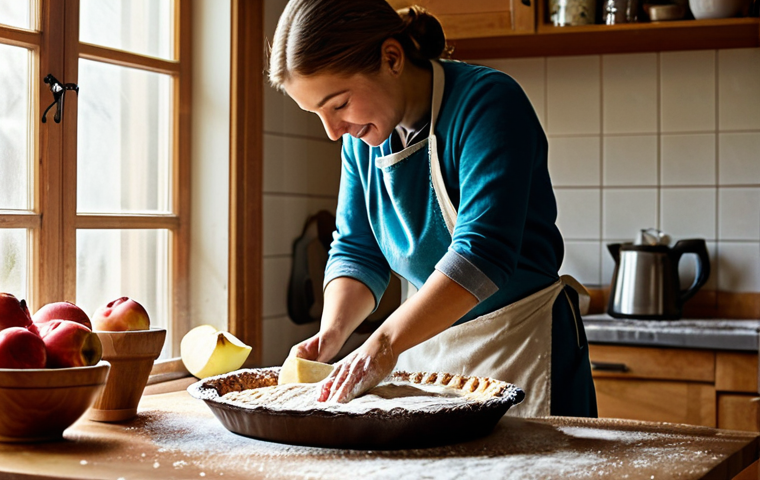 Cozy Kitchen Scene**
"A warm and inviting kitchen scene, sunlight streaming through the window, a woman in comfortable clothing baking an apple шарлотка (sharlotka) pie, flour dusting her apron, ingredients scattered on a wooden countertop, family-friendly, safe for work, appropriate content, fully clothed, professional, modest, perfect anatomy, natural proportions, high quality."
**