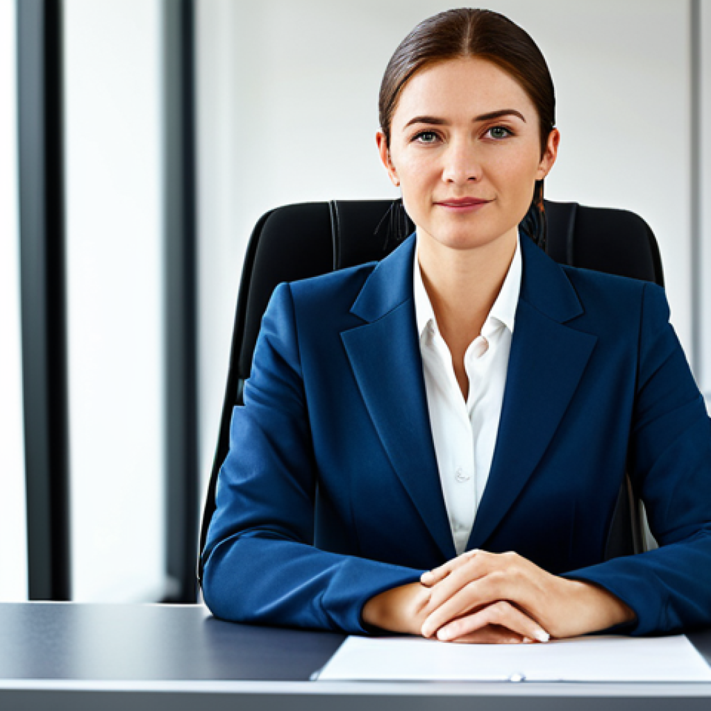 **
A professional businesswoman in a modest business suit, sitting at a desk in a modern office, fully clothed, appropriate attire, safe for work, perfect anatomy, natural proportions, professional photography, high quality.
**