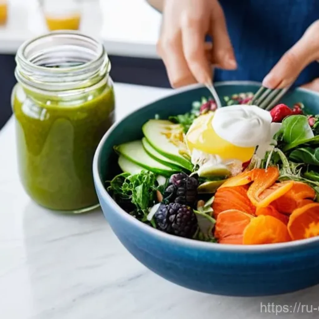 우울증 환자를 위한 식이요법의 중요성 - **Gut-Brain Connection and Nourishment:**
A vibrant, wholesome image of a healthy young woman (1...