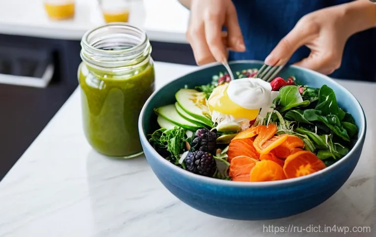 우울증 환자를 위한 식이요법의 중요성 - **Gut-Brain Connection and Nourishment:**
    A vibrant, wholesome image of a healthy young woman (1...