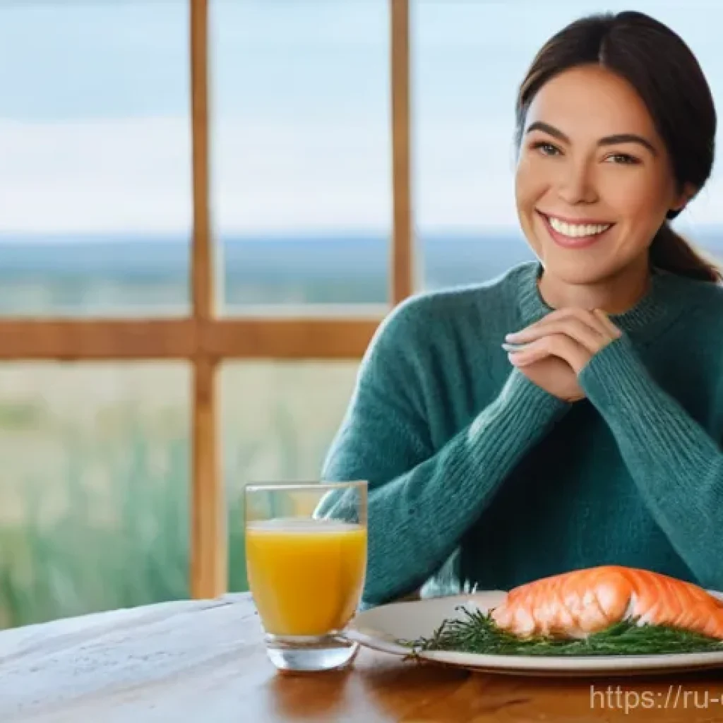 우울증 완화에 도움이 되는 해산물 요리 - **Prompt:** A serene, cozy indoor setting where a woman (20s-30s) with a gentle, contented smile is ...