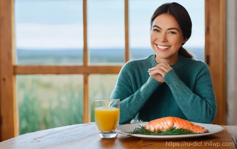 우울증 완화에 도움이 되는 해산물 요리 - **Prompt:** A serene, cozy indoor setting where a woman (20s-30s) with a gentle, contented smile is ...