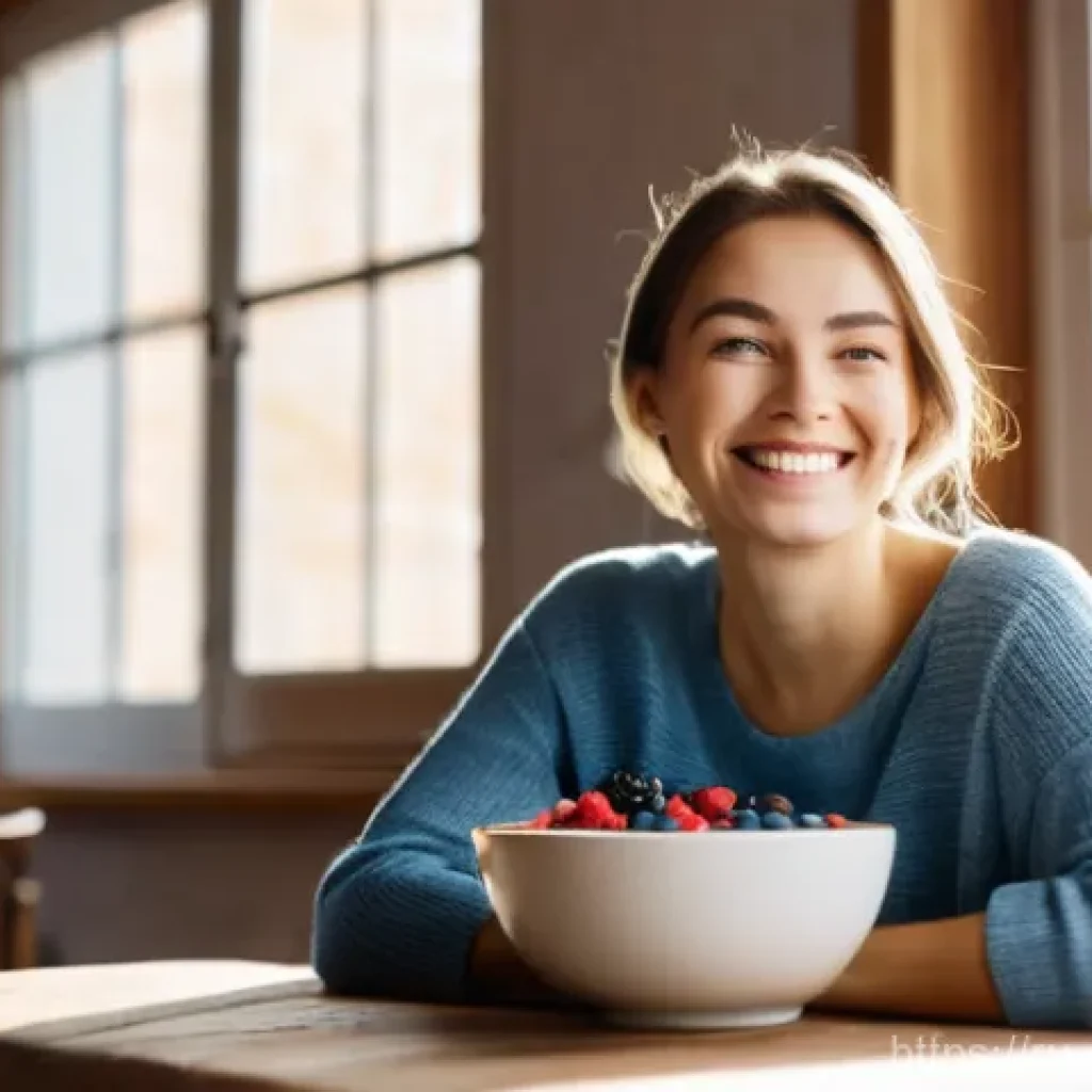 우울증 예방을 위한 필수 식단 요소 - **Prompt:** A young, cheerful Russian woman, approximately 25-30 years old, with a radiant smile, en...