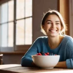 Home 22 우울증 예방을 위한 필수 식단 요소 - **Prompt:** A young, cheerful Russian woman, approximately 25-30 years old, with a radiant smile, en...