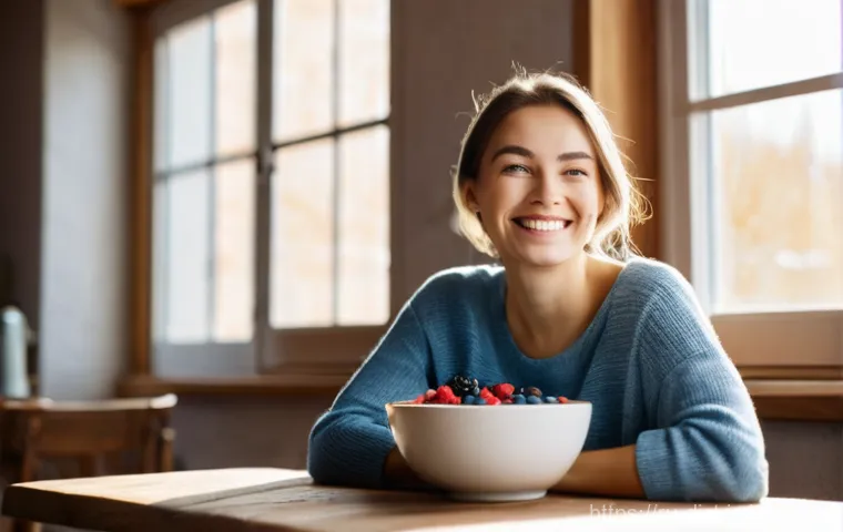 우울증 예방을 위한 필수 식단 요소 - **Prompt:** A young, cheerful Russian woman, approximately 25-30 years old, with a radiant smile, en...