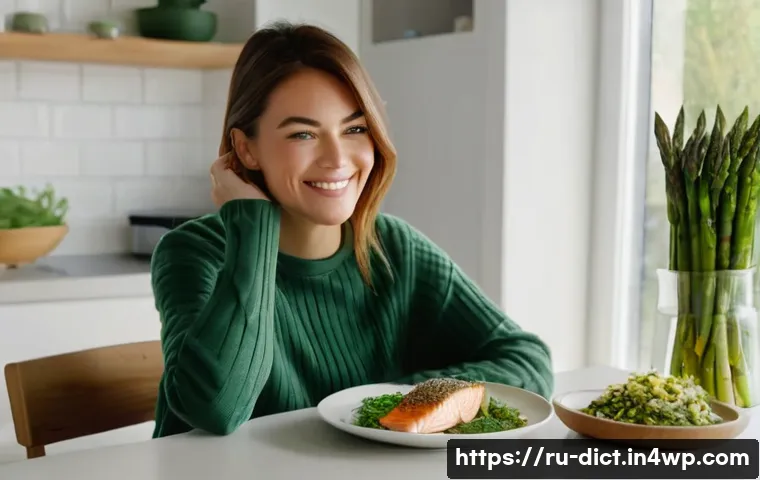 우울증과 관련된 음식의 역할 - A woman in her early 30s, with a warm, gentle smile, is sitting at a light-filled kitchen table. She...