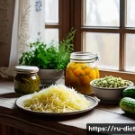 Home 20 우울증에 도움이 되는 발효식품 - A cozy Russian kitchen scene featuring a rustic wooden table with traditional fermented foods: a bow...