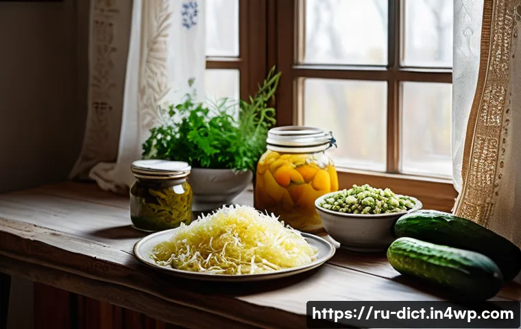 우울증에 도움이 되는 발효식품 - A cozy Russian kitchen scene featuring a rustic wooden table with traditional fermented foods: a bow...
