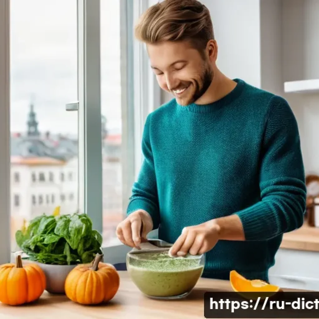 우울증 예방을 위한 미네랄 섭취 가이드 - A vibrant, cozy kitchen scene featuring a young Russian adult preparing a healthy breakfast smoothie...