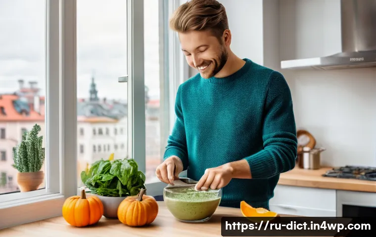 우울증 예방을 위한 미네랄 섭취 가이드 - A vibrant, cozy kitchen scene featuring a young Russian adult preparing a healthy breakfast smoothie...