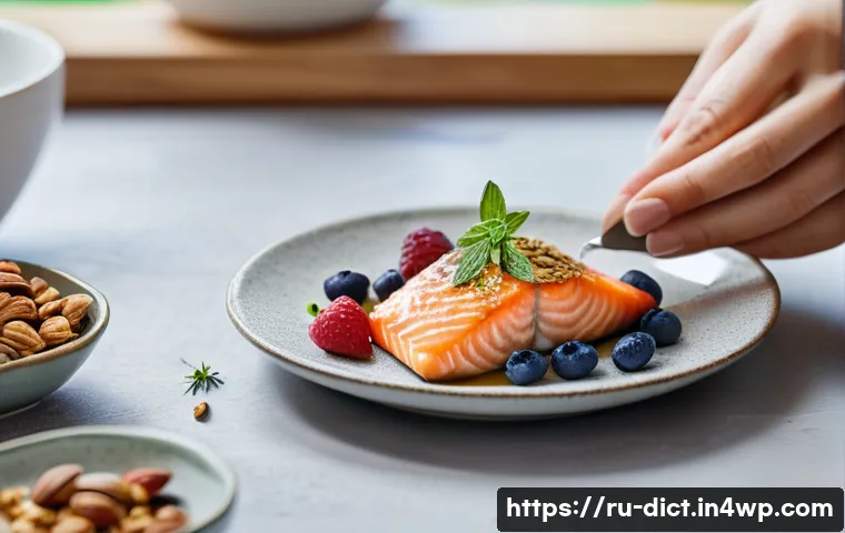 우울증 완화를 위한 특정 식품 추천 - A cozy kitchen scene featuring a rustic wooden table with a colorful assortment of brain-boosting fo...