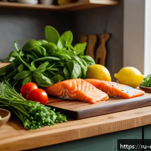 Home 17 우울증과 관련된 식단의 변화 - A cozy kitchen scene featuring a Russian family preparing a healthy meal rich in omega-3 fatty acids...