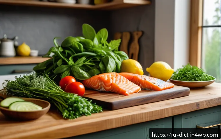 우울증과 관련된 식단의 변화 - A cozy kitchen scene featuring a Russian family preparing a healthy meal rich in omega-3 fatty acids...