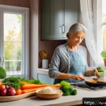 Home 19 우울증 해소를 위한 효과적인 식사 방법 - A vibrant, cozy kitchen scene featuring a middle-aged Russian woman preparing a healthy meal focused...