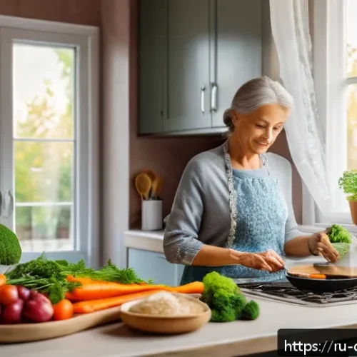 Home 31 우울증 해소를 위한 효과적인 식사 방법 - A vibrant, cozy kitchen scene featuring a middle-aged Russian woman preparing a healthy meal focused...