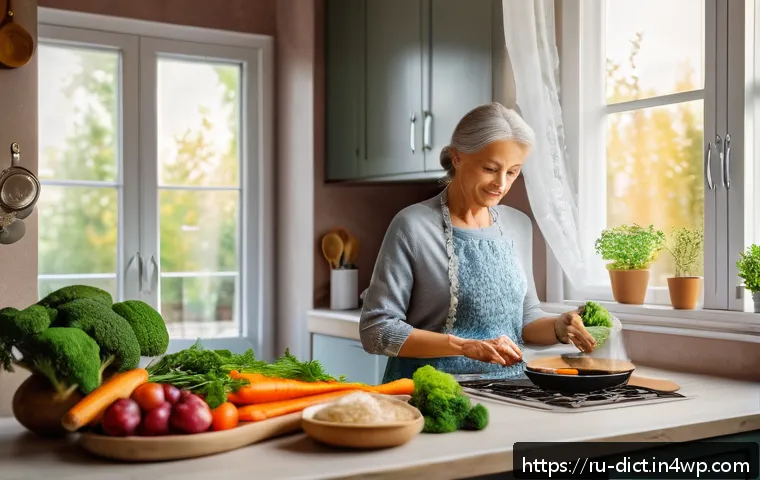 우울증 해소를 위한 효과적인 식사 방법 - A vibrant, cozy kitchen scene featuring a middle-aged Russian woman preparing a healthy meal focused...