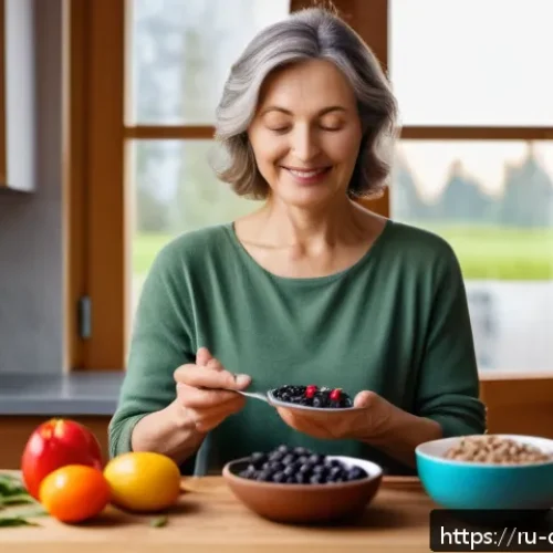 Home 30 우울증 완화에 도움을 주는 영양제 - A cozy, softly lit kitchen scene featuring a middle-aged Russian woman preparing a healthy meal rich...