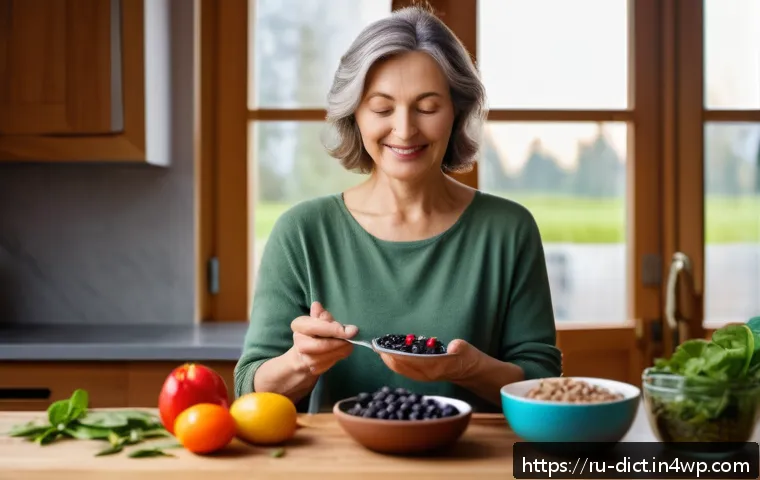 우울증 완화에 도움을 주는 영양제 - A cozy, softly lit kitchen scene featuring a middle-aged Russian woman preparing a healthy meal rich...