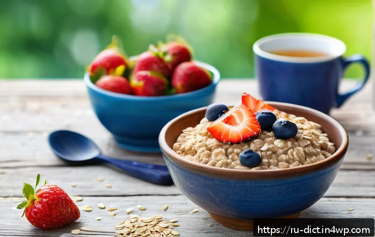 우울증 환자를 위한 고섬유질 식단 - A vibrant and detailed still life of a wholesome Russian breakfast table featuring a bowl of oatmeal...