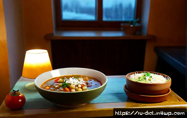 Home 17 우울증에 도움을 주는 이탈리안 요리 - Photorealistic cozy evening meal in a Russian apartment kitchen, a comforting bowl of Italian minest...