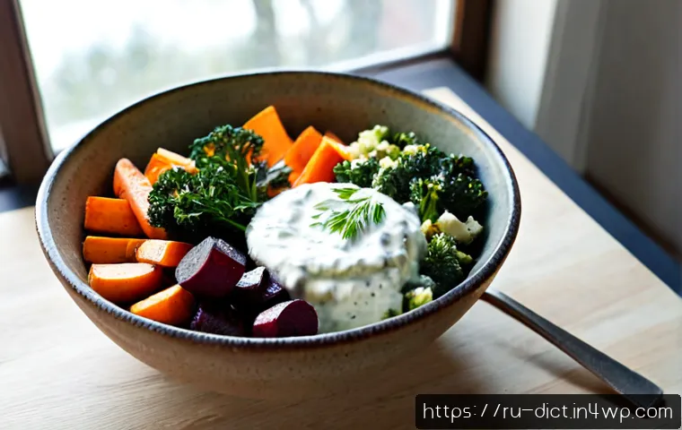Home 17 우울증에 좋은 채소 요리법 - Photorealistic overhead view of a comforting Russian-style vegetable buckwheat bowl with roasted bee...