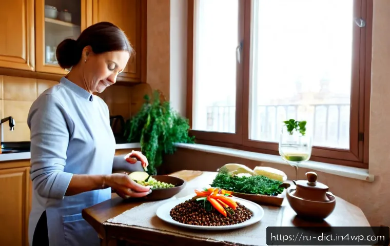 우울증 완화를 위한 채식주의 식단의 장점 - Photorealistic cozy Moscow apartment kitchen in soft morning light, a calm middle-aged Russian woman...
