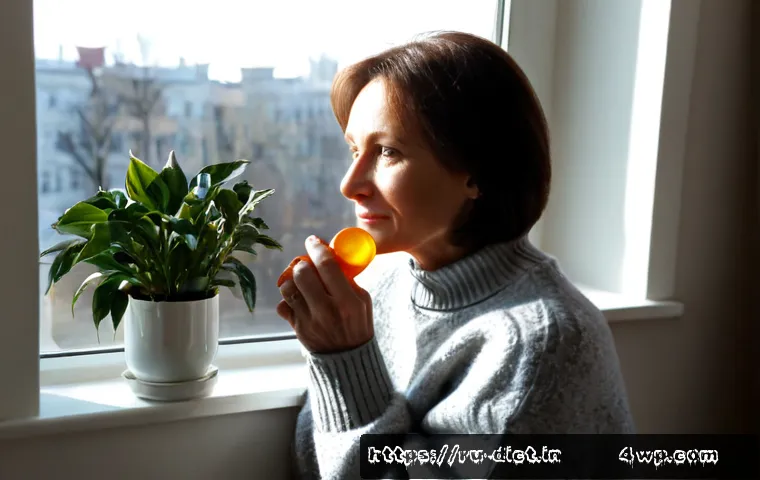 Home 17 비타민D와 우울증 완화의 관계 - Photorealistic lifestyle scene of a middle-aged Russian woman sitting beside a large apartment windo...