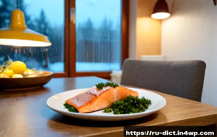 Home 17 우울증 완화를 위한 저녁 레시피 - Photorealistic cozy Russian apartment kitchen at early evening, a nourishing dinner of baked salmon,...